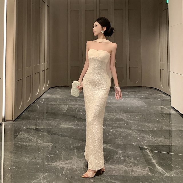 ロングドレス キャバドレス セクシー ベアトップ スパンコール ウエストマーク ショール付き バースデー パーティー JC2-DD3816