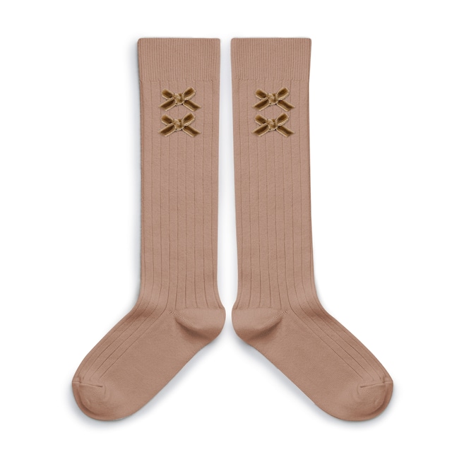 collegien/Hortense Ribbed Knee-high Socks with Velvet Bows - Petite Taupe
