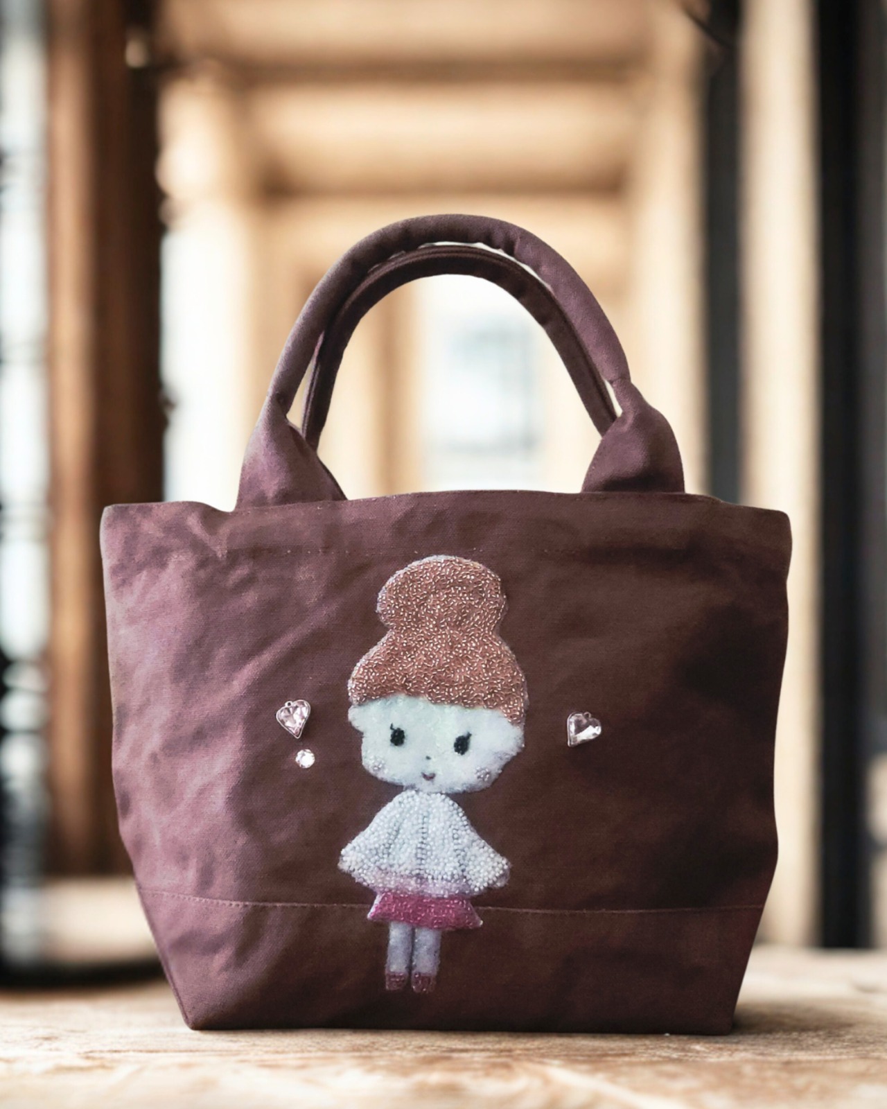 ♡ビーズ刺繍トートバッグ♡ ブラウン - 1