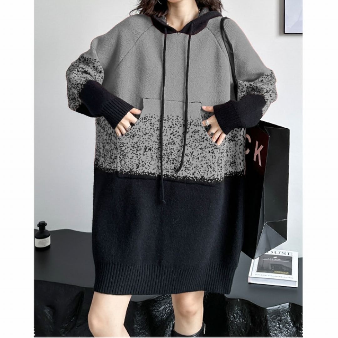 コントラストカラーフードニットロングプルオーバー 2color PU0230