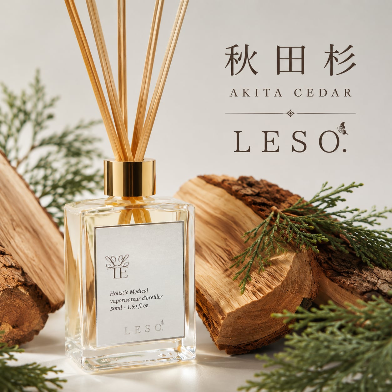 【秋田杉】リードディフューザー 50ml|国産 日本製 東北 スギ 木の香り ルームフレグランス 芳香剤 玄関 寝室 リビング 和モダン ギフト LESO. レソット