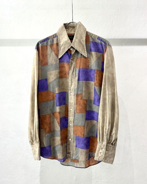 70s h.i.s Patchwork Pattern L/S Print Shirt USA製