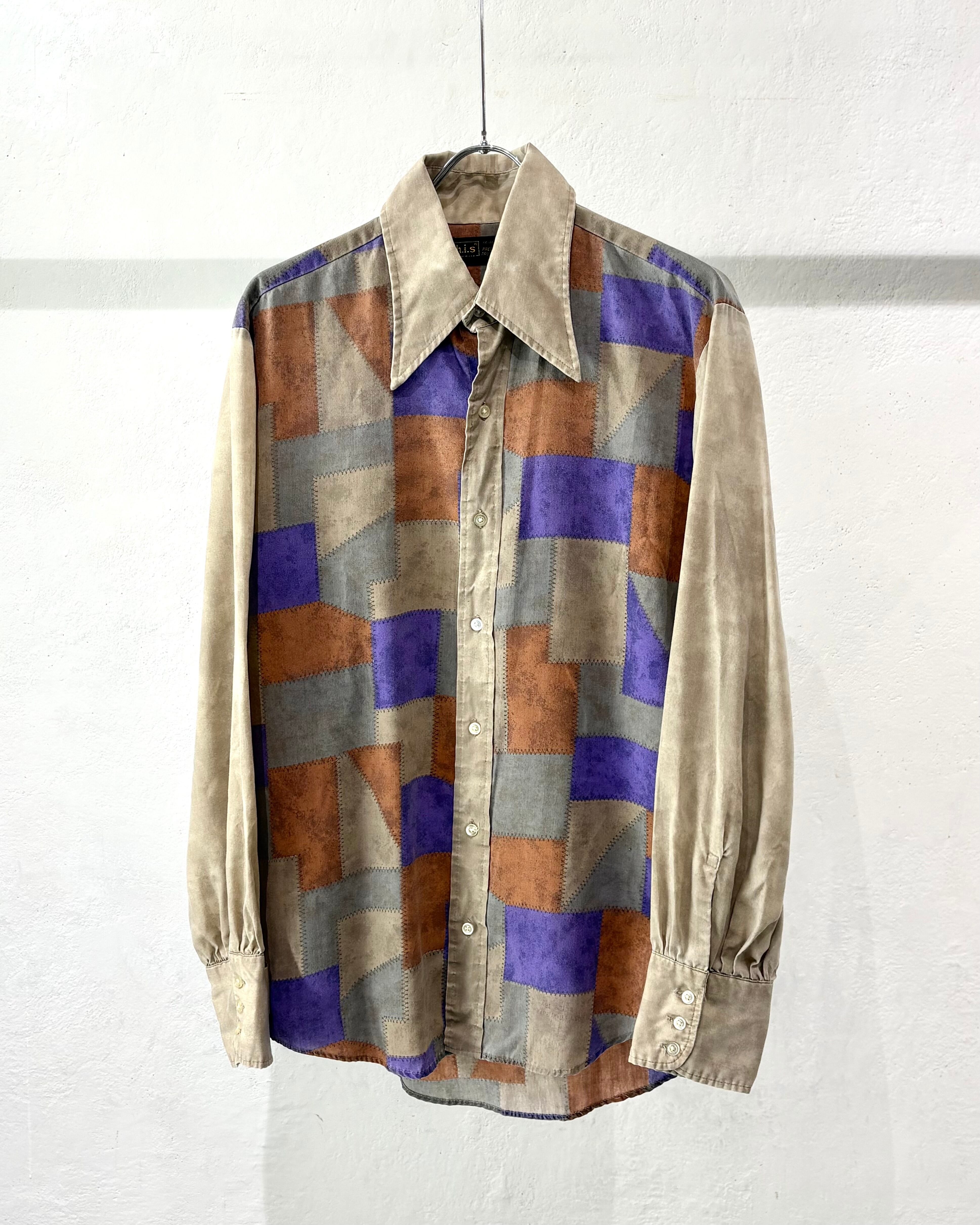 70s h.i.s Patchwork Pattern L/S Print Shirt USA製