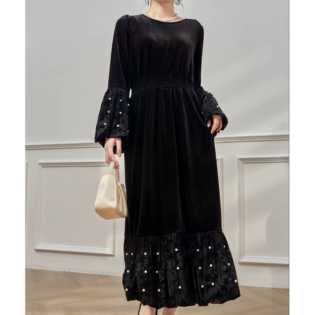 パールスリーブギャザーロングドレス W00433