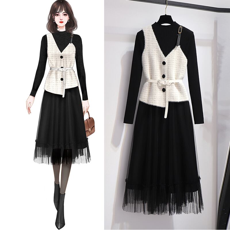 サブカル 服 地雷系 通販 大人 モード系 ツーピース ハイウエスト ロング丈 レース ワンピ ベスト 大人カジュアル