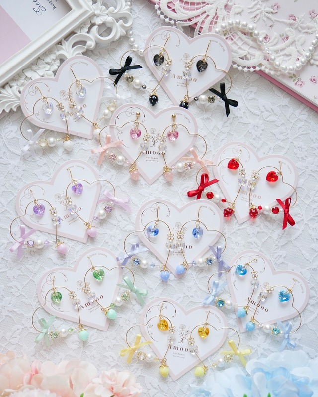 341 ワンカラーリボンビジューハートフープピアス/イヤリング