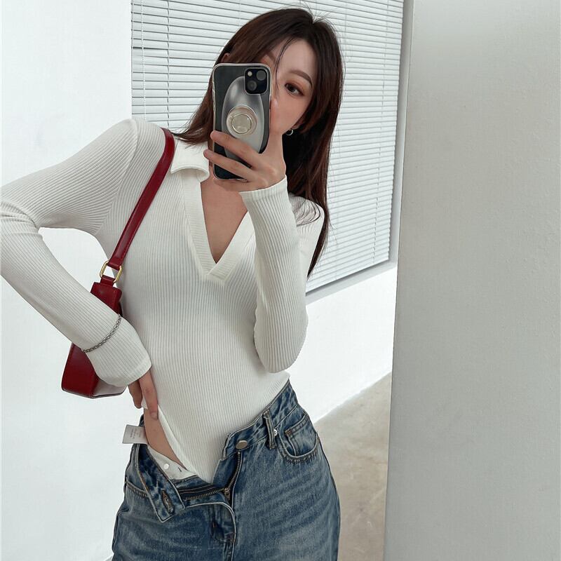 VネックTシャツ レディースソリッド カラー ロング オータム 秋物 ウィンター 冬物 ソリッドカラー ガールズファッション44116415359