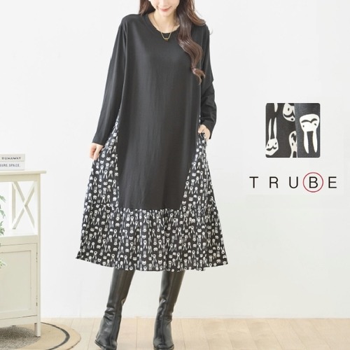 TRUBE  異素材切替 ロングワンピース レディース 大人可愛い 総柄 切替 ラビット柄 ブラック 長袖 ポケット付き ミセス きれいめ N82-466 fmsd レディース 長袖 デイリーファッション 大人フェミニン 大人可愛い 普段着 ミセス おしゃれ着  30代 40代 50代 60代