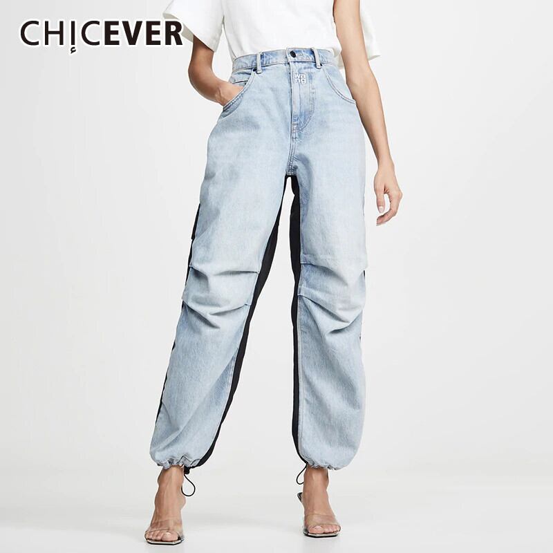 CHICEVERパッチワークジーンズレディースウエストヒットカラーストレートルーズドローストリングデニムパンツ2020タイド 6base528043676195