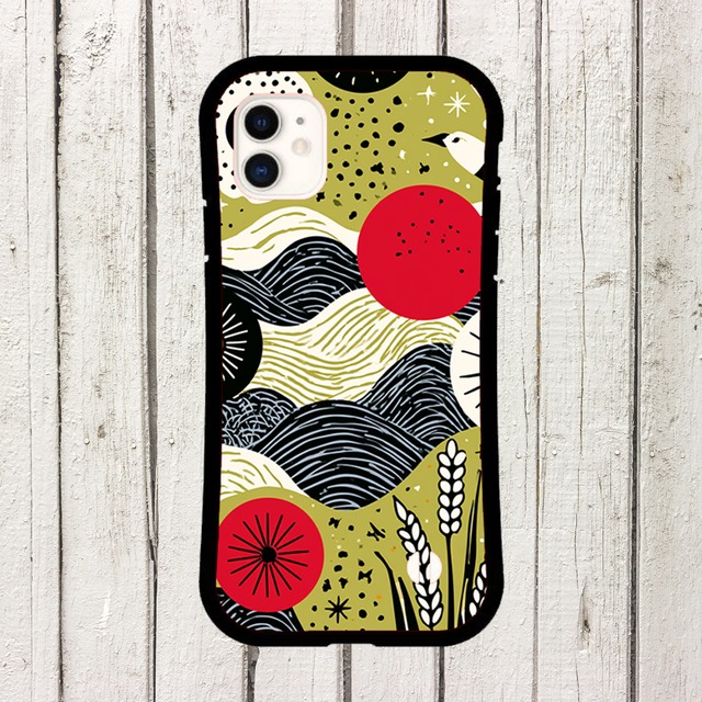 受注生産 iPhoneケース 赤い太陽と青い波の民芸柄｜波モチーフ FMSY078C