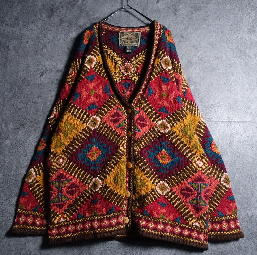 Multicolor Geometric Design Hand Knit Cardigan