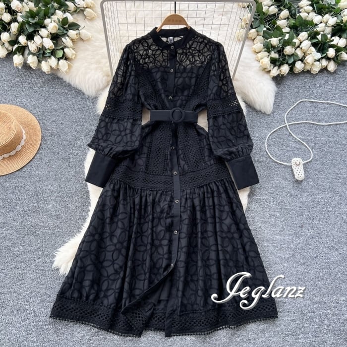 4色 レース 刺繍 ワンピース ドレス 共ベルト シアー エレ派 ♪ (MB312)ζ