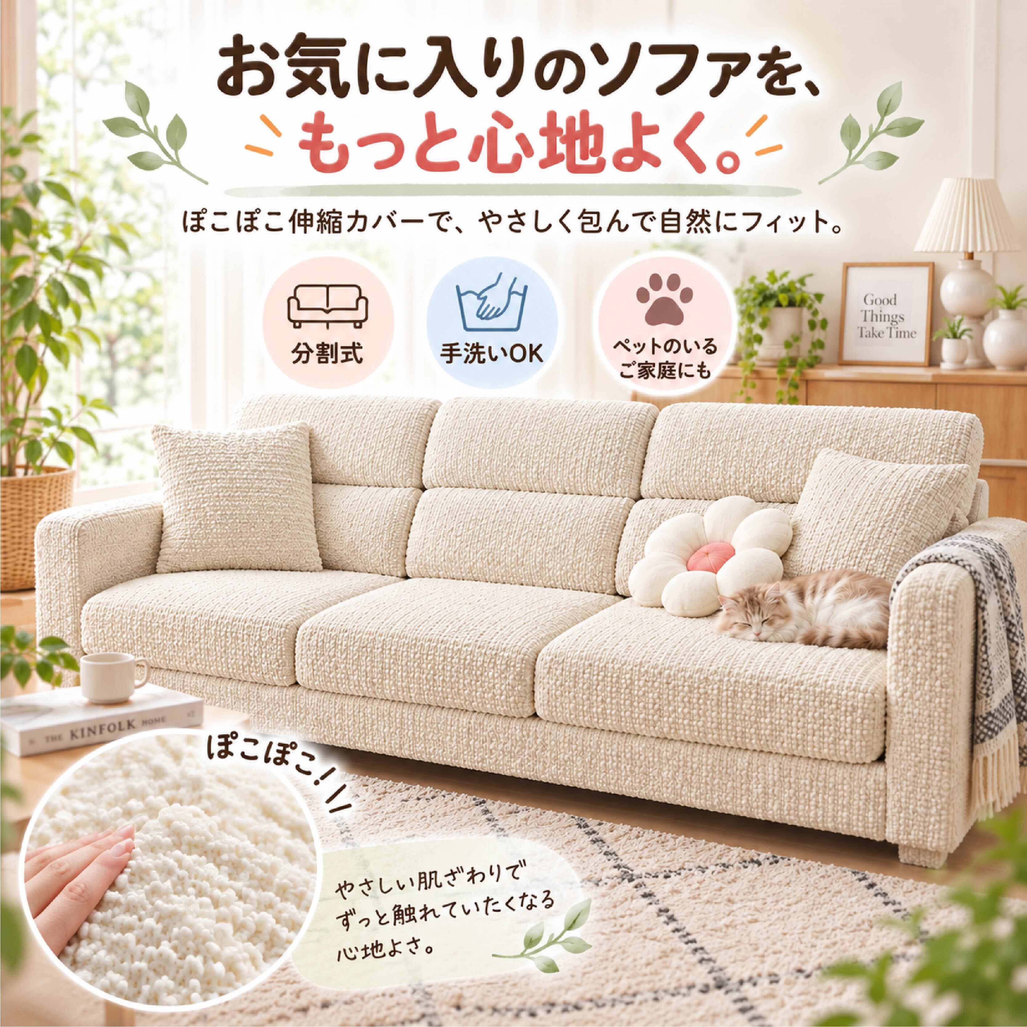 HY 1280 . ぽこぽこ伸縮ソファカバー 分割式 ソファカバー 座面カバー