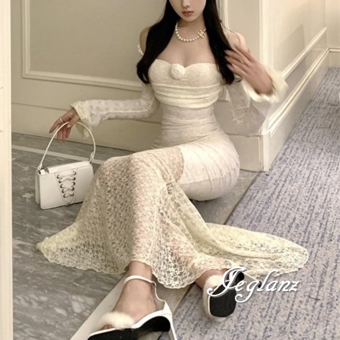 パーティ ドレス ワンピース スクエアネック レーシー 肌透け ♪ (M6017)ζ