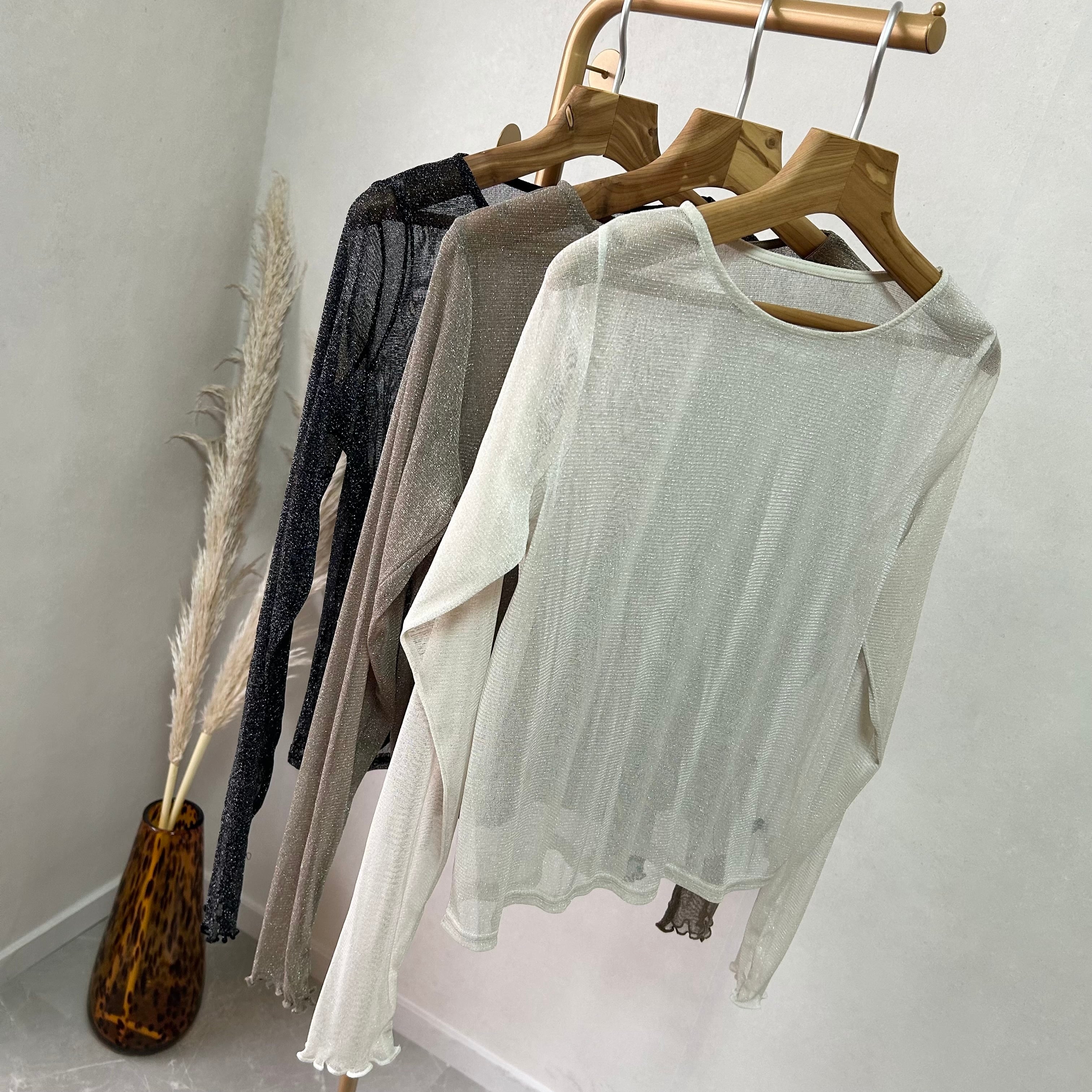 finger hole lame sheer tops【Ivory】