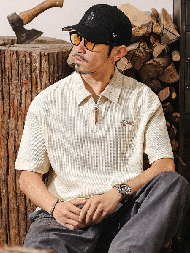 Waffle Zip Short Polo Shirt【L0545】