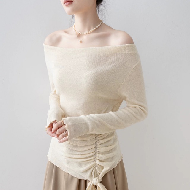ドレープリボンデザイン オフショルダーニットトップス　W00257
