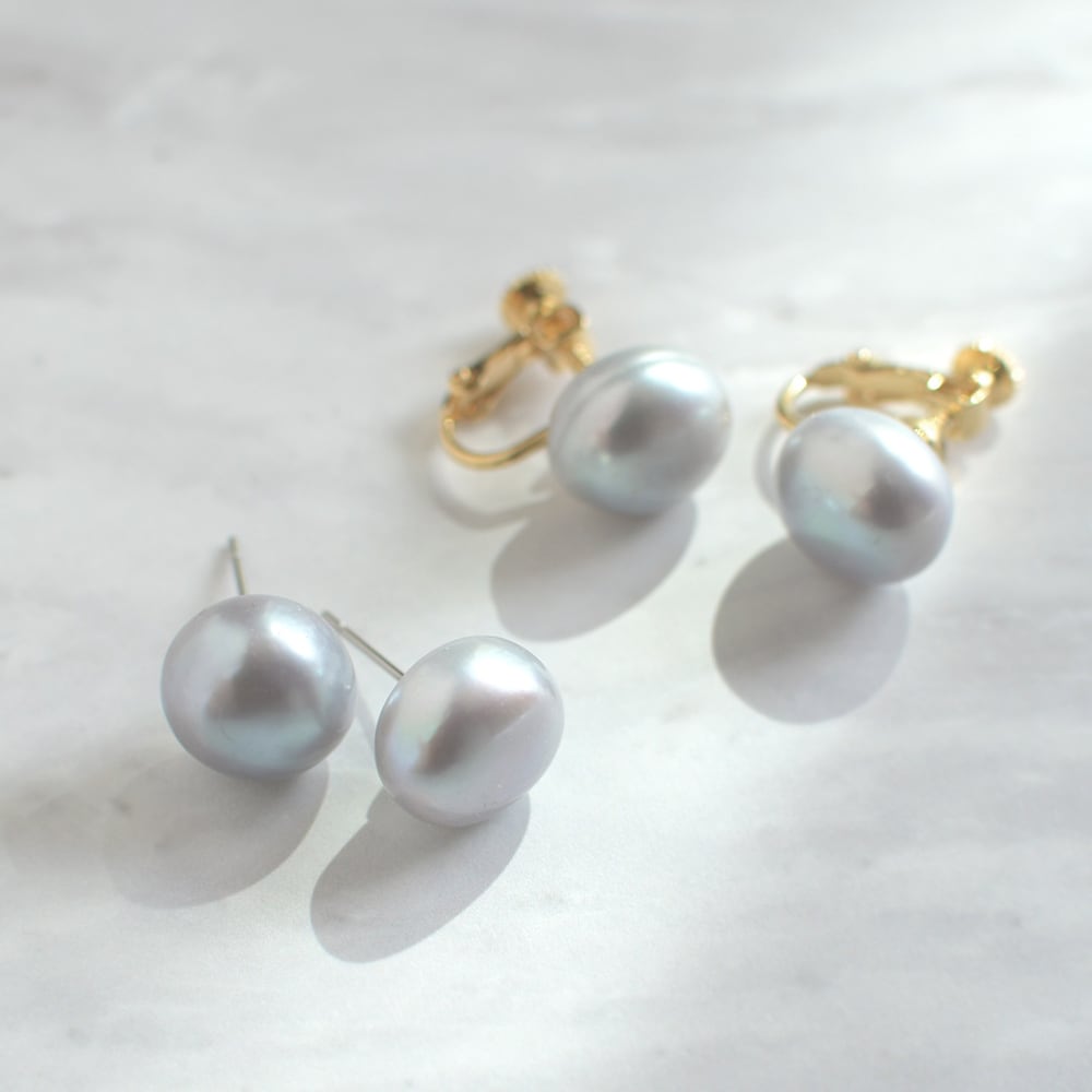 約11.0-12.0mm こぼれるような 大粒 グレーブルー系 淡水パール ピアス イヤリング / ps-154