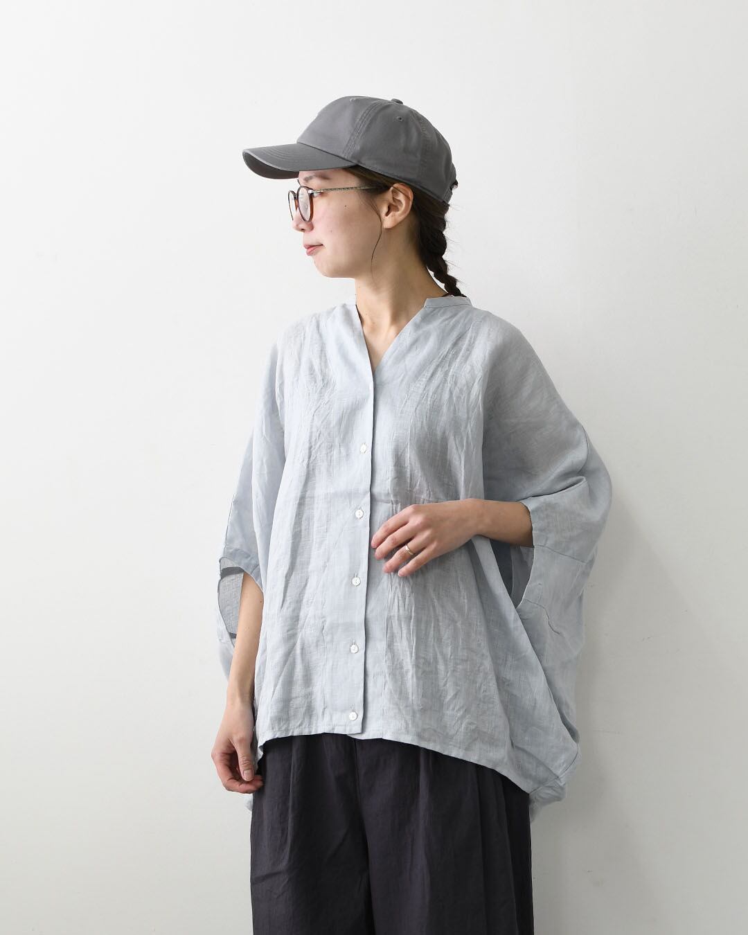 mizuiro ind [ミズイロ インド] linen stand collar cocoon shirt [2