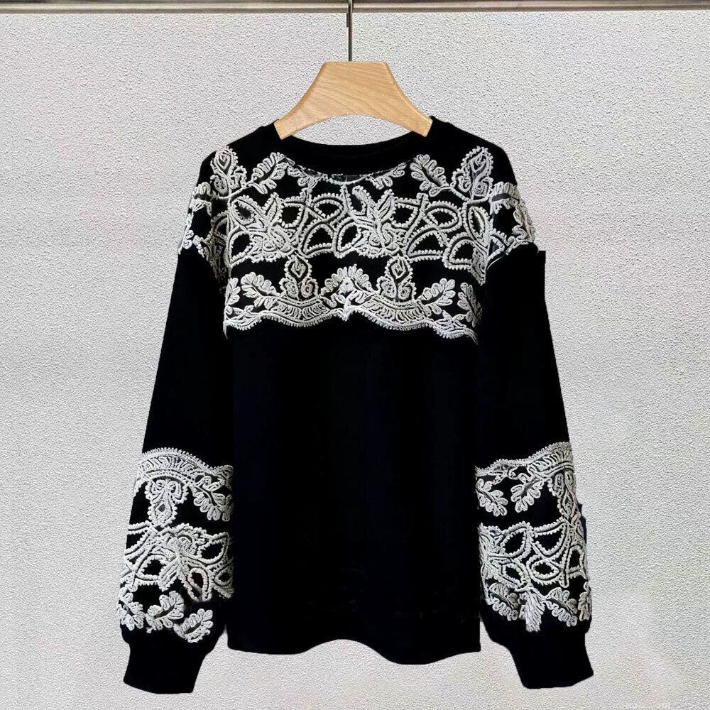 EMBROIDERED LACE STITCH ROUND NECK SWEAT SHIRT 3colors M-15241