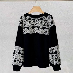 EMBROIDERED LACE STITCH ROUND NECK SWEAT SHIRT 3colors M-15241