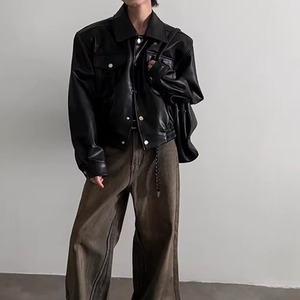 Unisex Cropped PU Leather Jacket – Niche Designer Fit with Padded Shoulders (FD061)