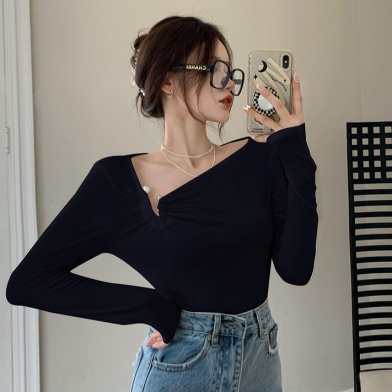 オータムカラーニット スリムソリッド ブラウス ロング 秋物 ソリッドカラー ハンチェンe40486843961