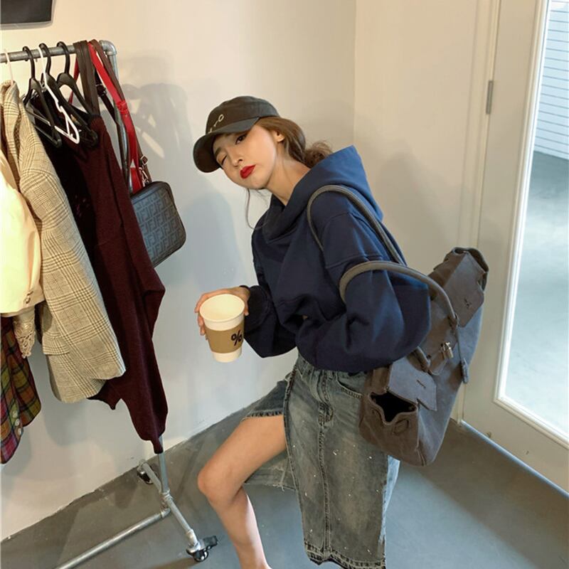 ネイビーブルーのフード付きセーター女性の秋ルーズ長袖ジャケット2020新しいクロップドトップインタイド ブラックストロベリース93878409644