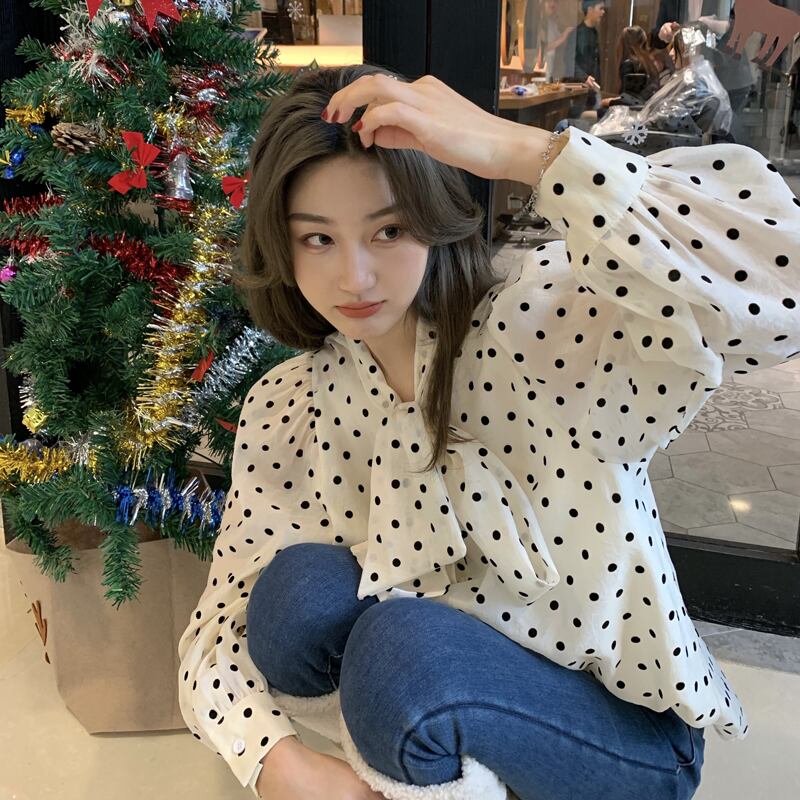 スプリングスタイルルーズ薄手シャツ リボン水玉レディース 春物 試着室74942718605