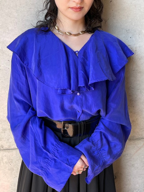 Vintage Blue Violet Ruffled Collar Silk Blouse