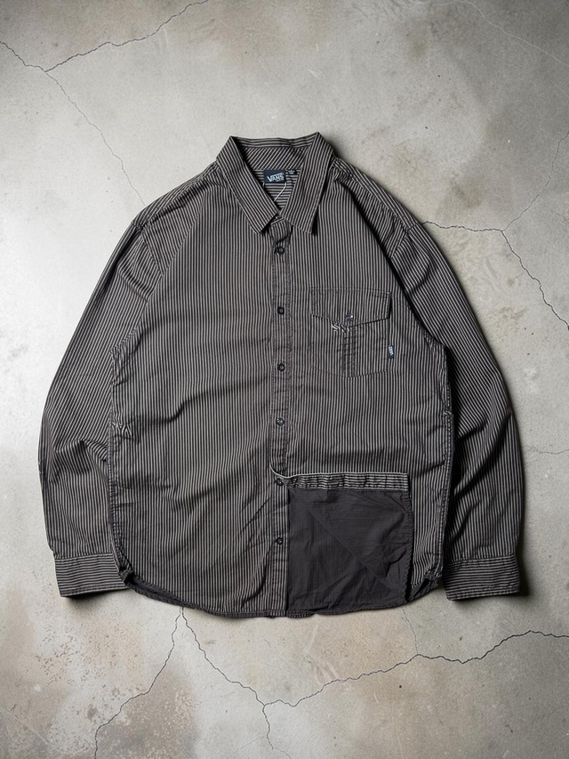 VANS Brown White Pinstripe Utility Pocket Long Sleeve Button Up Shirt
