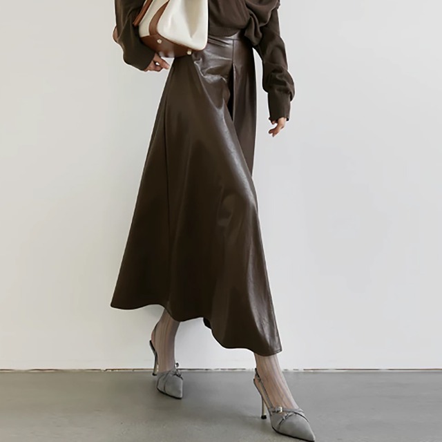 High waist elegant swing long leather skirt ( 2color )