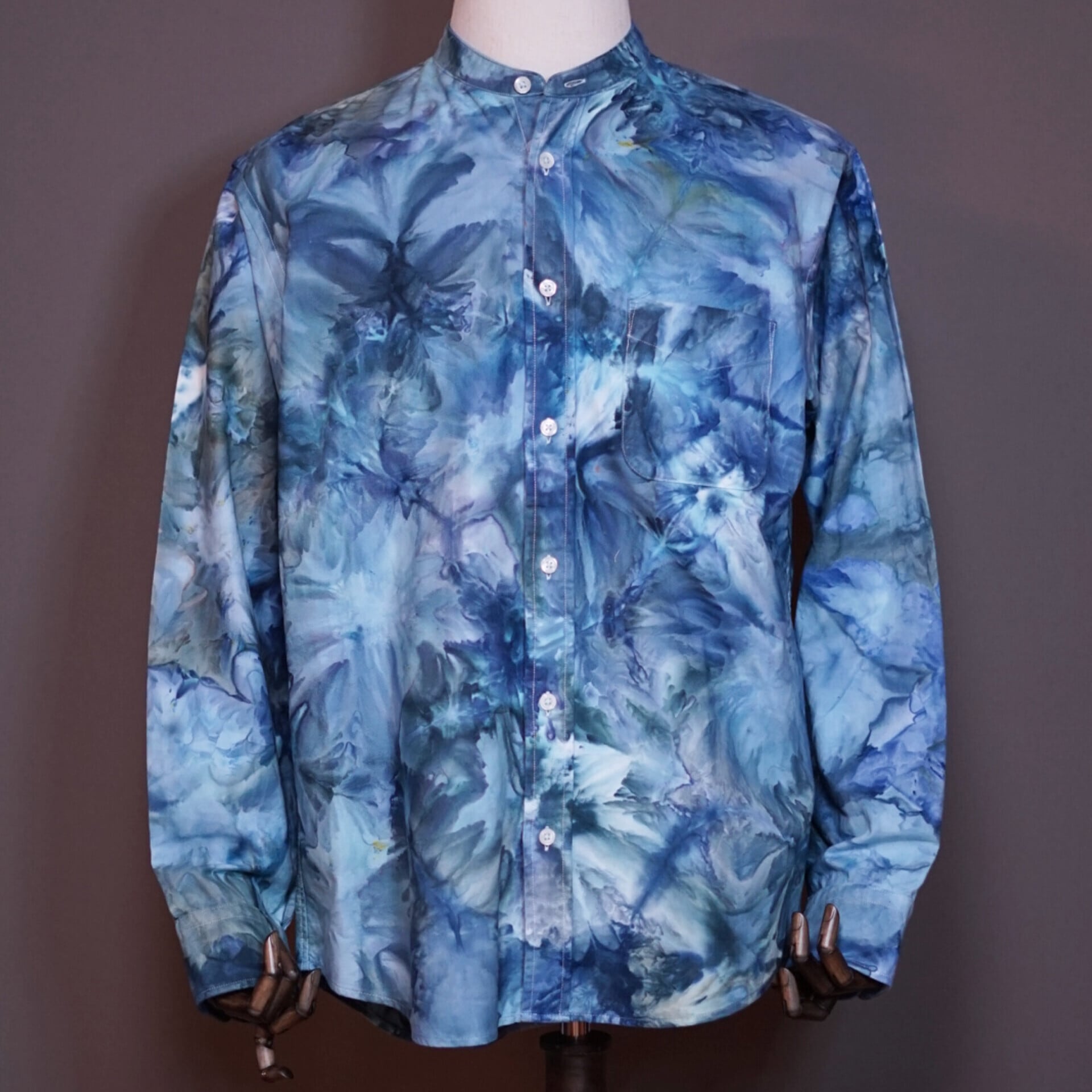 タイダイ染め 襟なしシャツ 長袖 - Lサイズ【オーロラ模様】