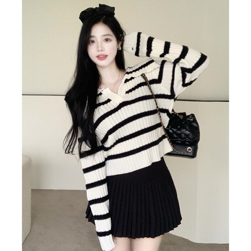 オータムウィンターストライプネイビーカラーセーター ルーズシャツ ロング 大人ガーリー スウィート キュート カジュアル 秋物 冬物 ガールズファッション91804048032