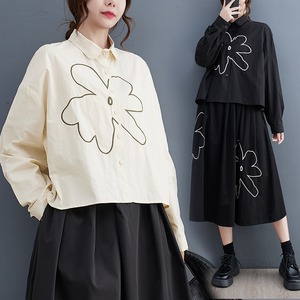 FLOWER EMBROIDERED LONG SLEEVES SHORT SHIRT 3colors M-7685