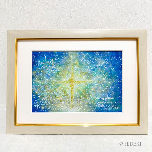ヒーリングアート原画「ヒカリへのガイド」HIDEKI 直筆サイン入り アクリル画 額装済｜開運絵画 ヒーリング 導き 希望 道標 直感力 浄化 風水 インテリア絵画