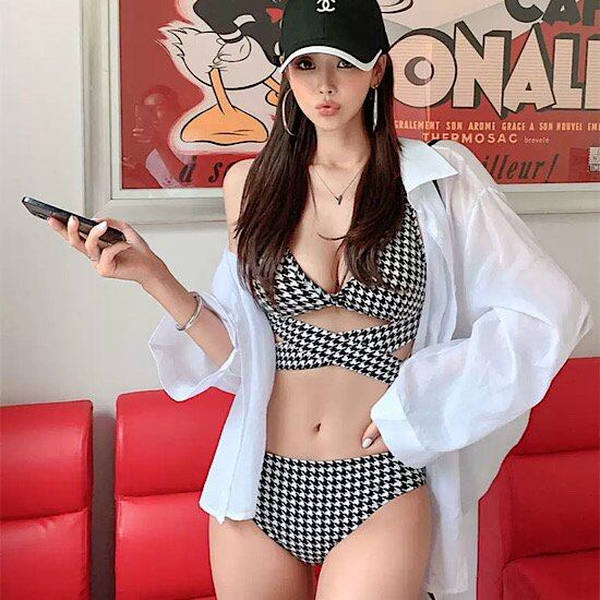 水着 千鳥柄 クロスストラップ ビキニ バックリボン レディース