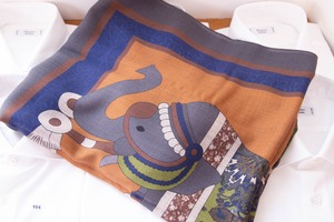 Men's scarf " Elephant, Horse and Camel " Grey × bleu S1060-20