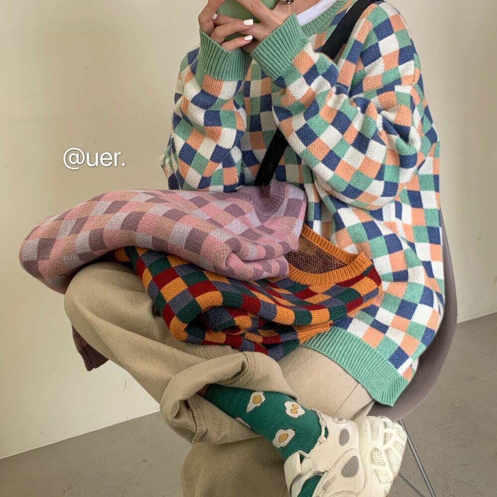 2020年秋冬の新しいシックなワイルドルーズチェック柄コントラストカラープルオーバーセータートップラウンドネックセーター女性 クレセントシティ72238707431