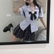 【2点セット】スキッパーカラーフラワーリボンブラウス＋チェックフレアスカート ・78151