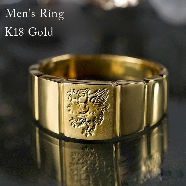 001）K18金ゴールドリング指輪印台メンズリングライオン紋章入り ...