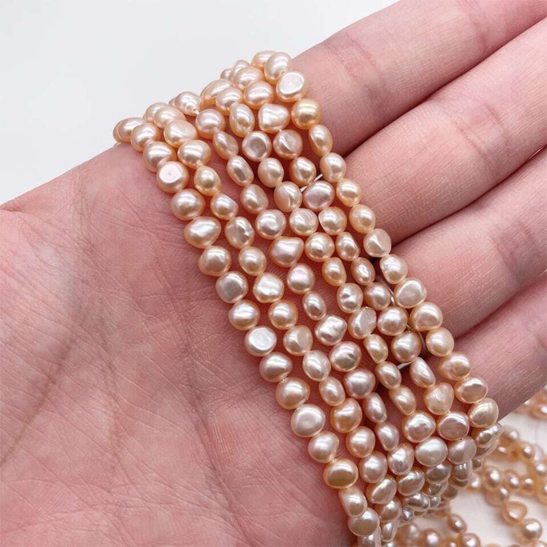 小粒 半連20cm 淡水パール バロック 4~5mm ボタン ピンクオレンジ系 