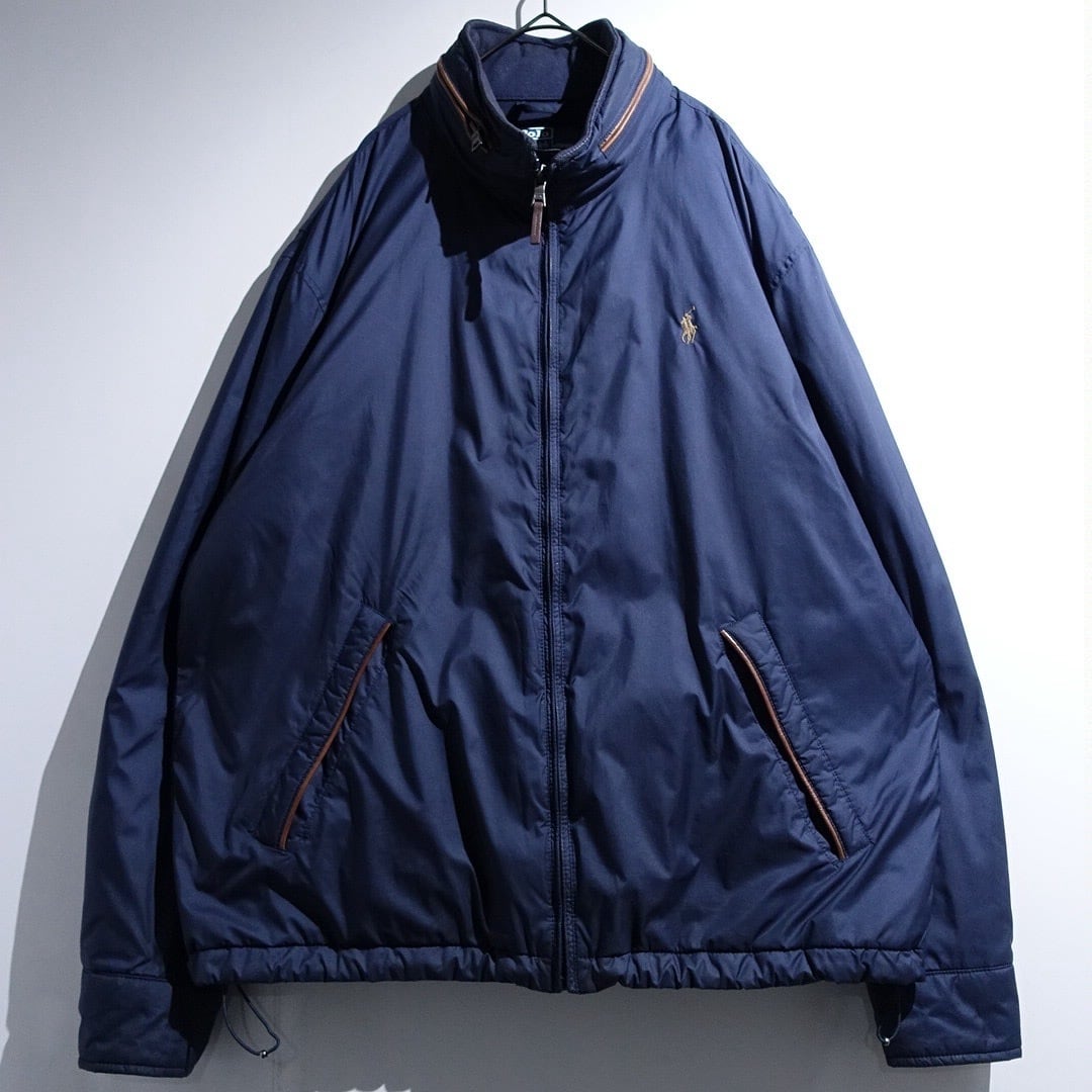 90s "Ralph Lauren" Navy Logo Leather Piping Design Nylon Zip Blouson