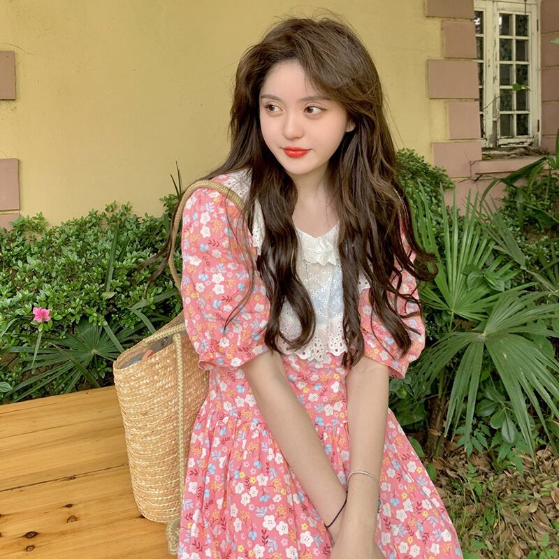 レースフローラルドレス サマー薄手スリーブウェストスカート 大人ガーリー スウィート キュート カジュアル 夏物 花柄 萌量不足72218384541