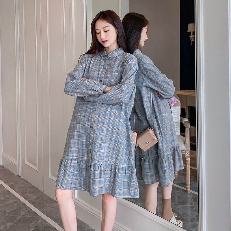 【新作】【送料無料】 マタニティウェア2020秋と冬の新しい綿とリネンの格子縞の襟のドレス、小さな新鮮なミドル丈のドレス妊婦-アリババ コットン オータム 秋物 ウィンター 冬物 expec284589097564