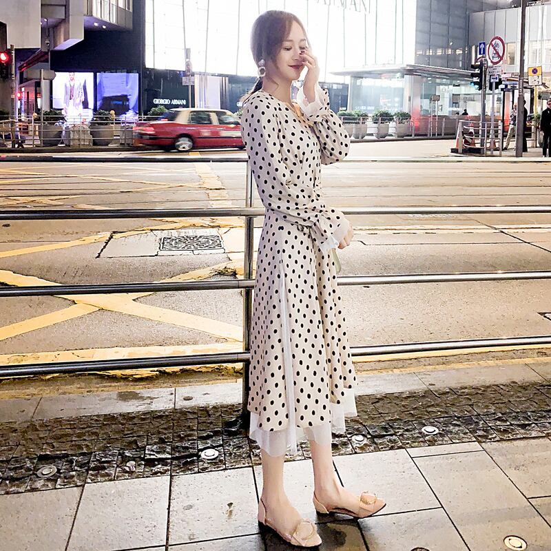 春新作 ワンピース 春 ワンピース 夏 ワンピース ロング ワンピース 大きいサイズ ワンピース レディース ロング丈 長袖 韓国 ワンピース 長袖 ロングワンピース 春夏 ワンピース ドット 水玉 レース きれいめ ガーリー リボン フリル Viento