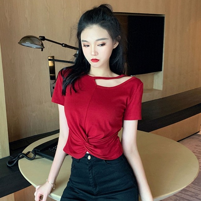 サマースタイルソリッド カラーラウンドネックTシャツ トップス 夏物 Oネック ソリッドカラー ハンチェンe75186194356