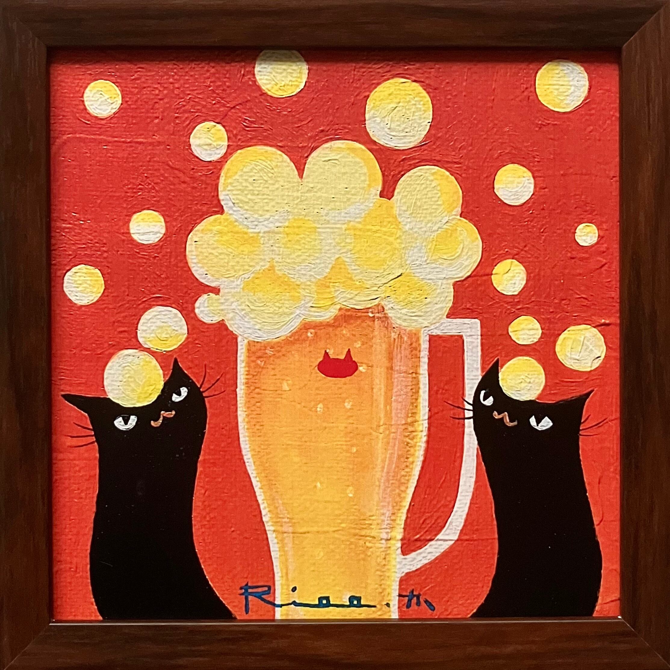 原画「僕のビール冷えてない２」F3・油彩画 泡泡ビール ／ 15角額装複製画 アートポスター | Riee .か