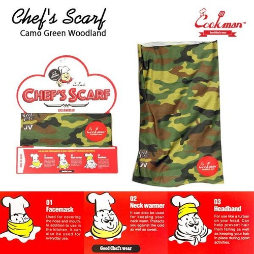 Chef's Scarf Camo Green Woodland シェフスカーフ カモグリーン ヘッドバンド フェイスガード ネックウォーマー 3way UVカット COOKMAN