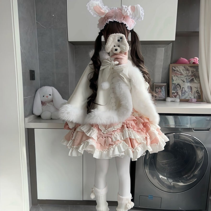 甘ロリファーケープ ピンク×白 姫系マント 防寒ロリータアウター 冬